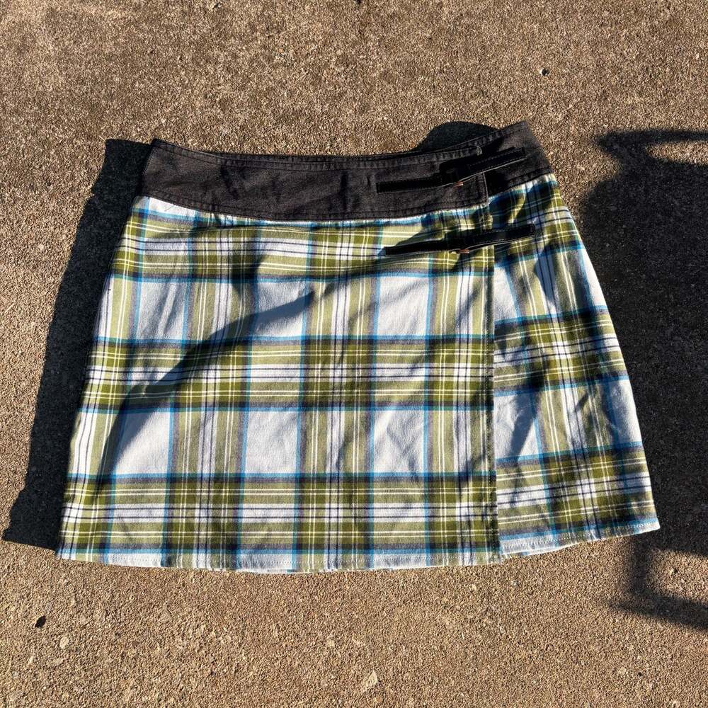 Route 66 Stretch Fit Blue and Green Plaid Wrap Mini Skirt